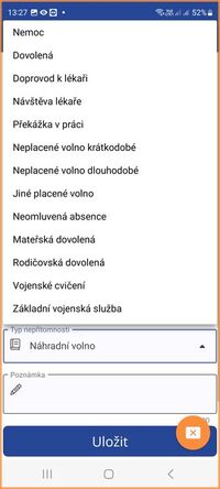 Důvody nepřítomnosti - zobrazení v telefonu