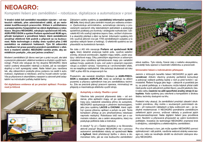 NEOAGRO - článek na téma robotizace, digitalizace a automatizace v zemědělství
